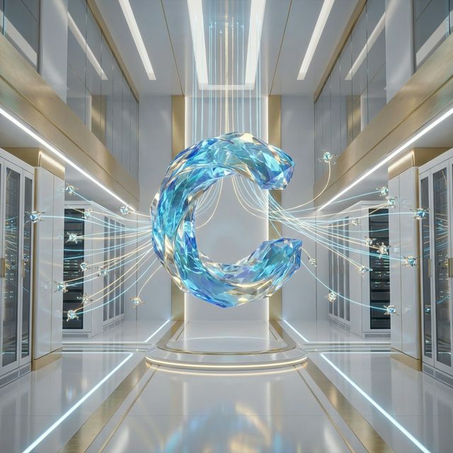 A glowing crystalline AI entity orchestrating a swarm of worker nodes