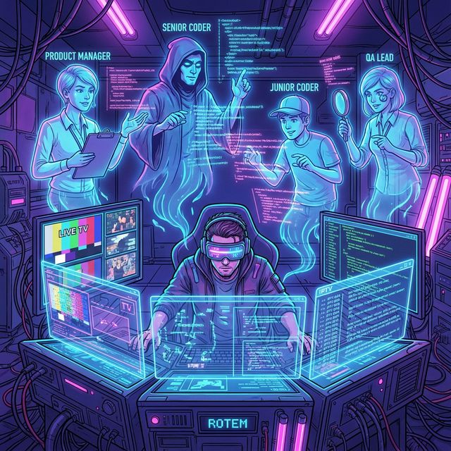 A high-tech cyberpunk control room showing a human architect directing floating digital agents.