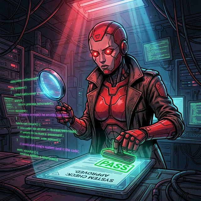 Strict red female QA robot stamping a PASS seal